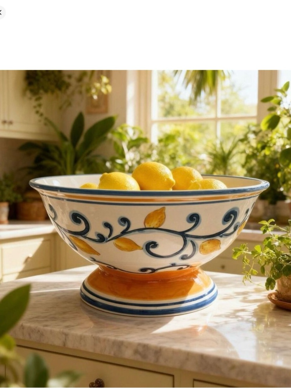 NEW! Muchoise - Ceramic Decorative Bowl Hand-Painted, White/Blue/Yellow, 10”